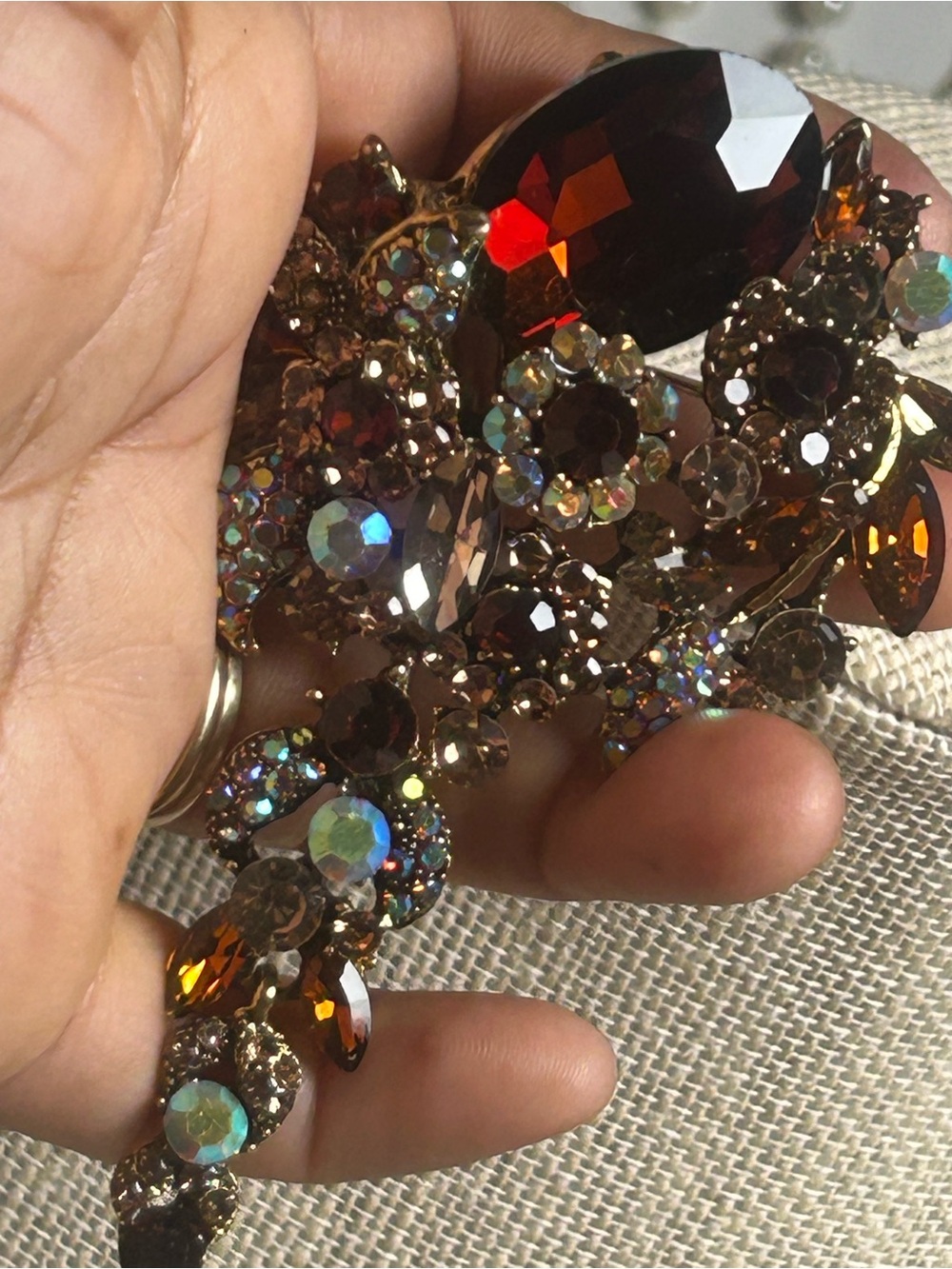 Statement Brown Crystal Floral Brooch Necklace - Unknown Brand